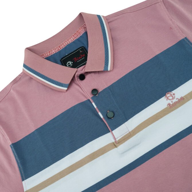 Men's Pink Polo Shirt with Multicolor Stripes - Image 2