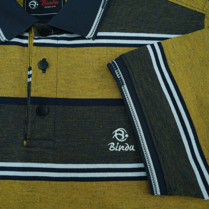 Bindu Premium Men's Striped Polo Shirt - Mustard Yellow & Charcoal - Image 3