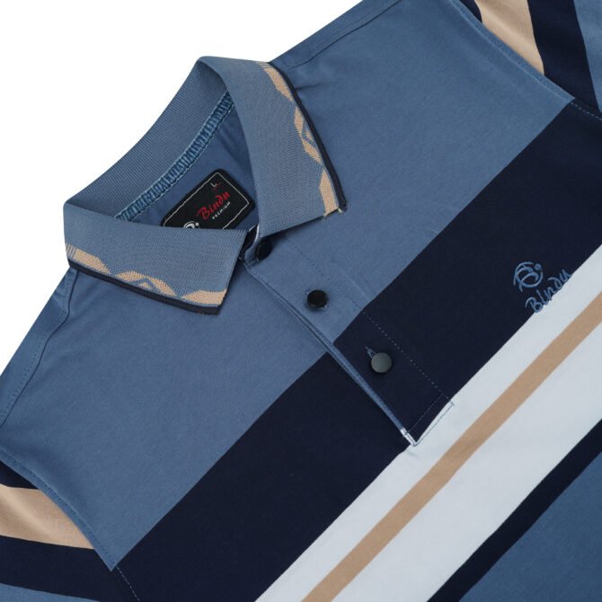 Bindu Premium Men's Striped Polo - Blue, Tan & Navy - Image 2