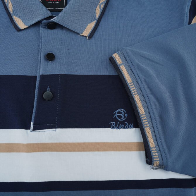 Bindu Premium Men's Striped Polo - Blue, Tan & Navy - Image 3