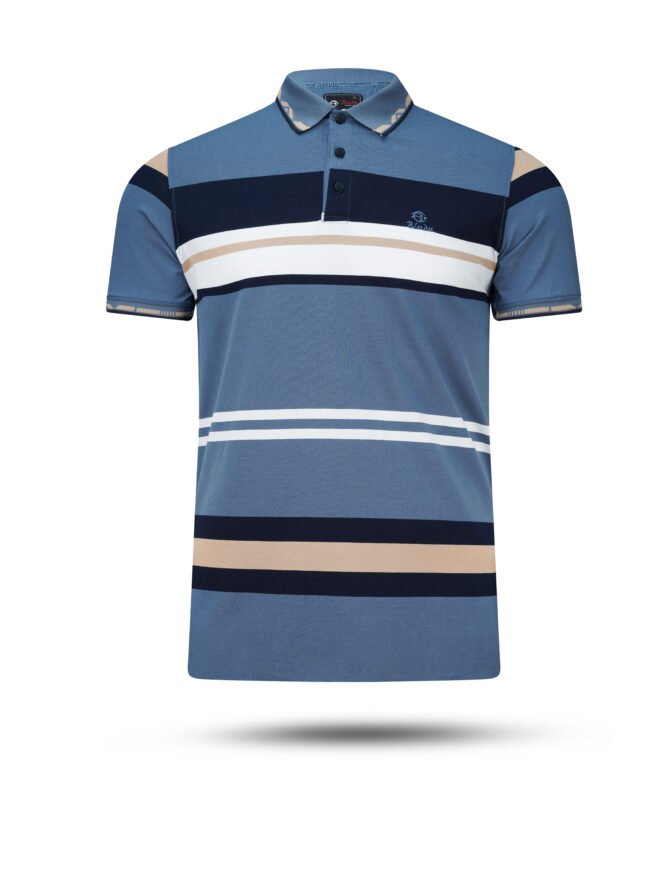 Bindu Premium Men's Striped Polo - Blue, Tan & Navy - Image 4