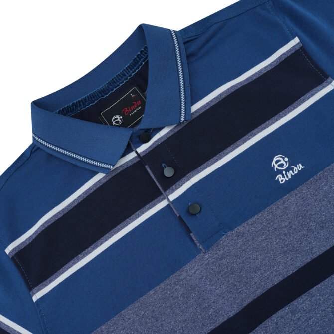 Bindu Premium Men's Striped Polo - Ash & Navy - Image 2