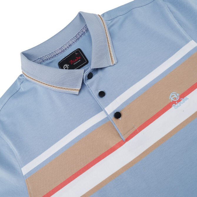 Bindu Premium Men's Polo - Sky Blue with White Chest Stripe & Tan Accents - Image 2