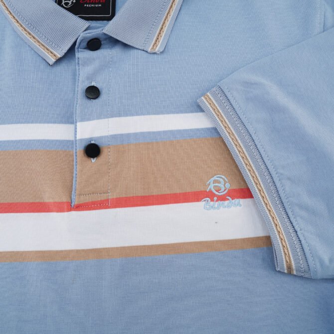 Bindu Premium Men's Polo - Sky Blue with White Chest Stripe & Tan Accents - Image 3
