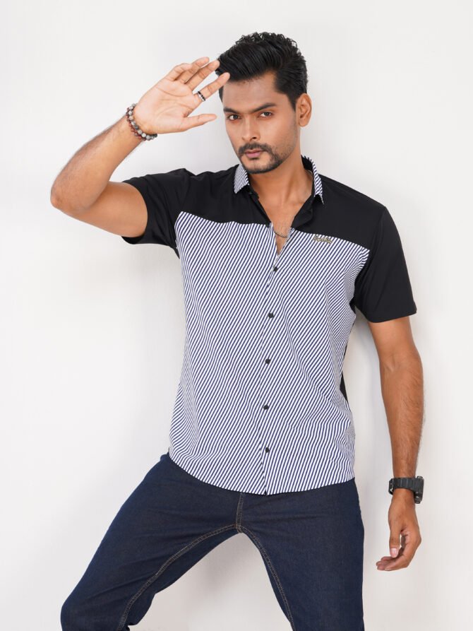 Men's Stylish Black and Navy Striped Shirt - Image 5