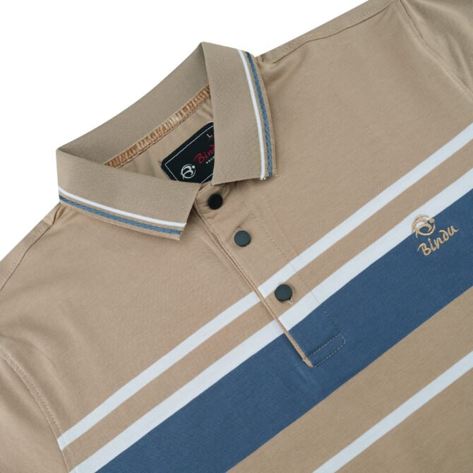 Bindu Premium Men's Striped Polo Shirt - Tan with Blue & White - Image 3