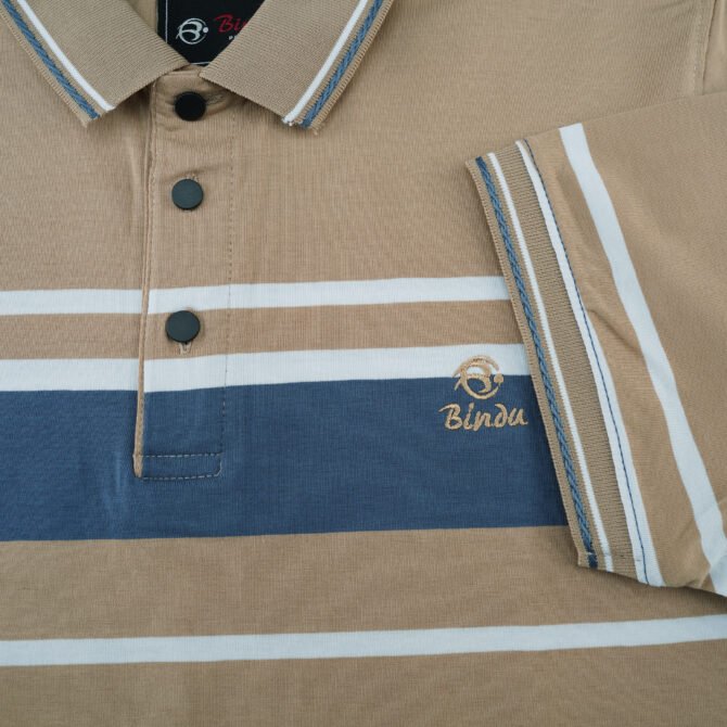 Bindu Premium Men's Striped Polo Shirt - Tan with Blue & White - Image 4
