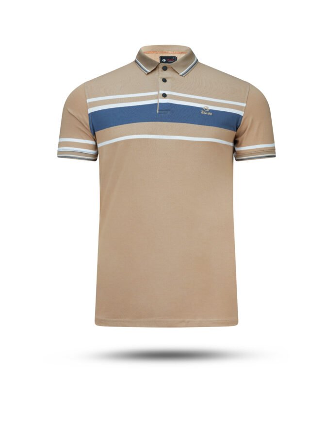 Bindu Premium Men's Striped Polo Shirt - Tan with Blue & White - Image 2