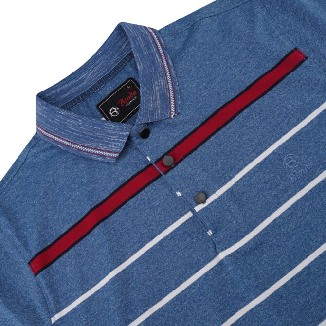 Bindu Premium Men's Striped Polo Shirt - Blue with Red Accent - Image 4