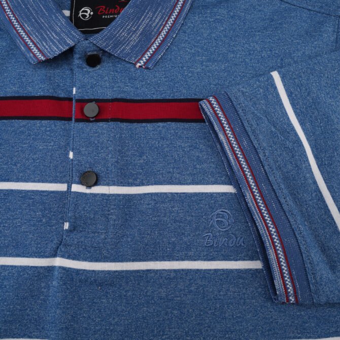 Bindu Premium Men's Striped Polo Shirt - Blue with Red Accent - Image 2
