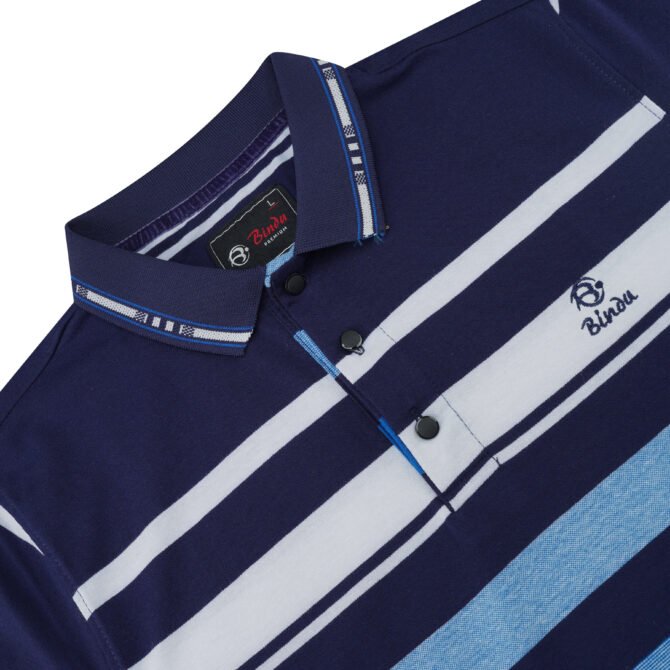 Bindu Premium Men's Striped Polo Shirt - Classic Navy & Blue - Image 2