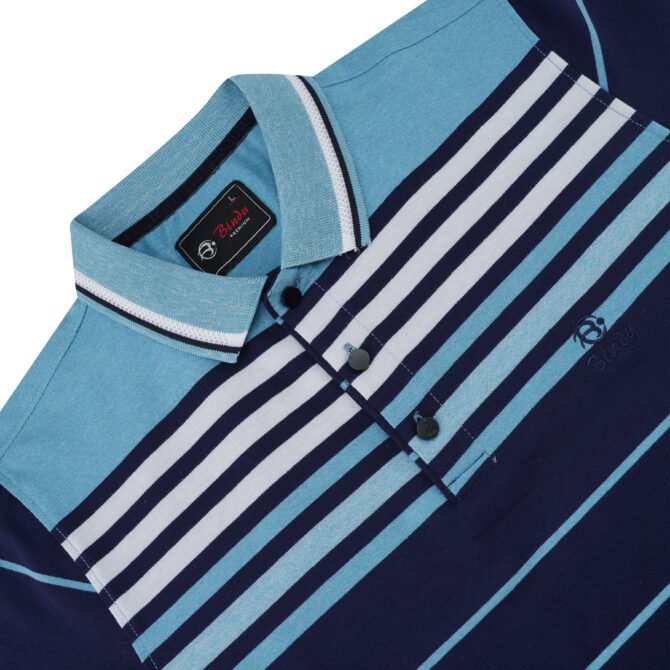 Bindu Premium Men's Striped Polo Shirt - Navy & Sky Blue - Image 4