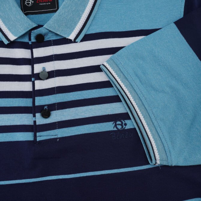Bindu Premium Men's Striped Polo Shirt - Navy & Sky Blue - Image 3