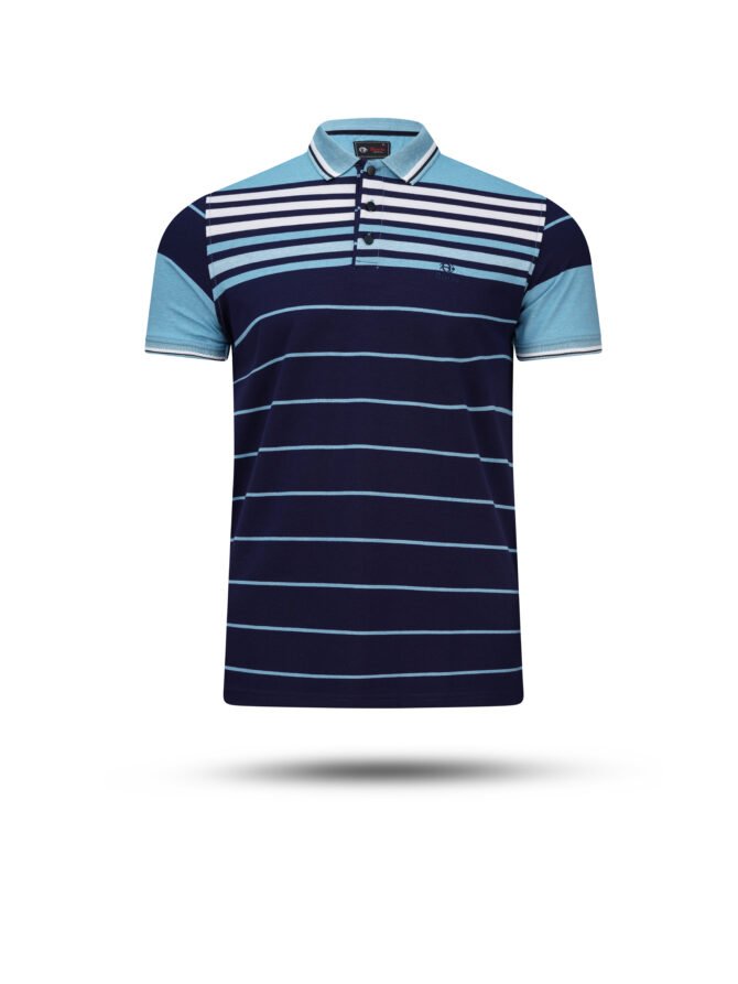 Bindu Premium Men's Striped Polo Shirt - Navy & Sky Blue - Image 2