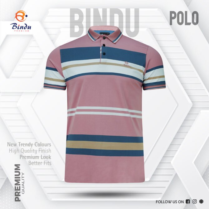Men's Pink Polo Shirt with Multicolor Stripes
