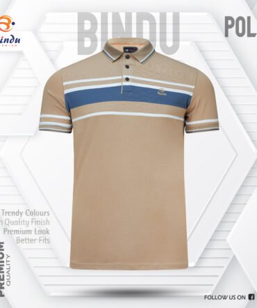 Bindu Premium Men's Striped Polo Shirt - Tan with Blue & White