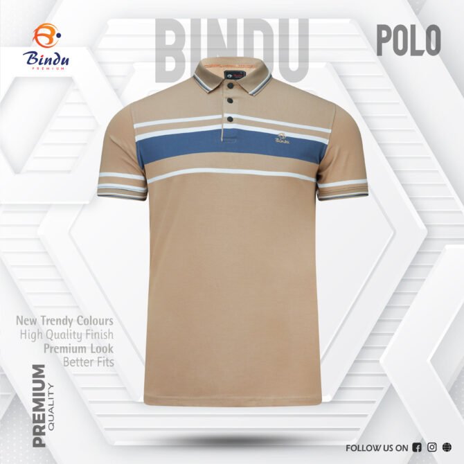 Bindu Premium Men's Striped Polo Shirt - Tan with Blue & White