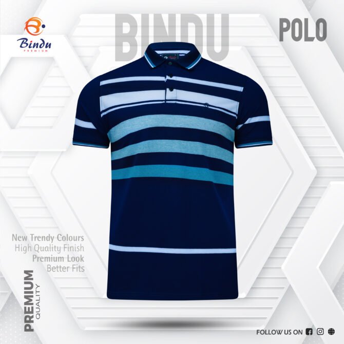 Bindu Premium Men's Striped Polo Shirt - Navy with Blue & White