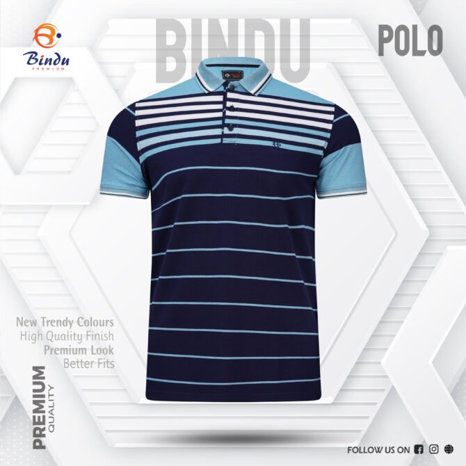 Bindu Premium Men's Striped Polo Shirt - Navy & Sky Blue