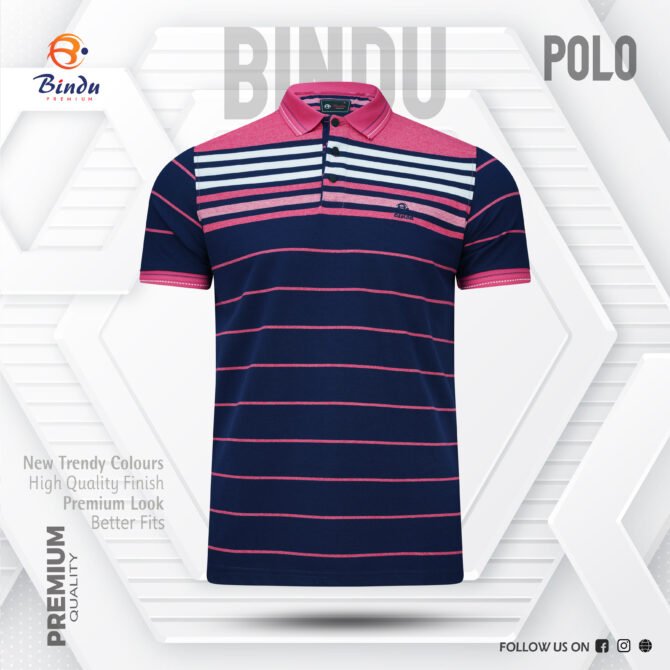 Bindu Premium Men's Striped Polo - Navy & Pink Fusion