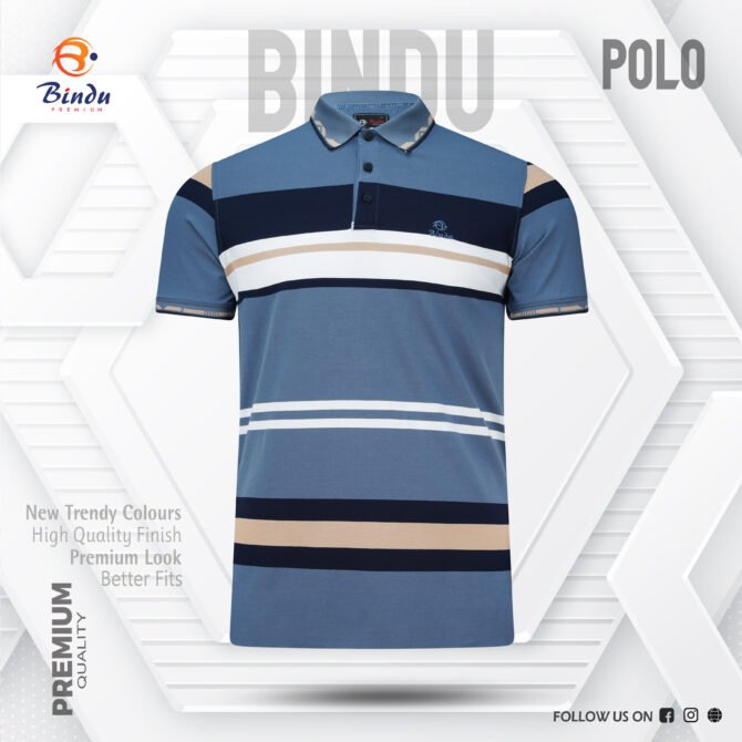 Bindu Premium Men's Striped Polo - Blue, Tan & Navy