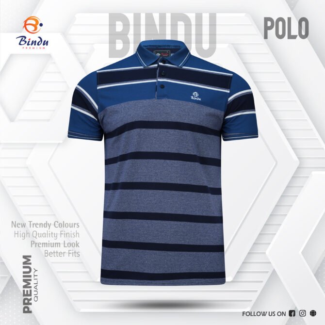 Bindu Premium Men's Striped Polo - Ash & Navy