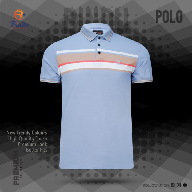 Bindu Premium Men's Polo - Sky Blue with White Chest Stripe & Tan Accents